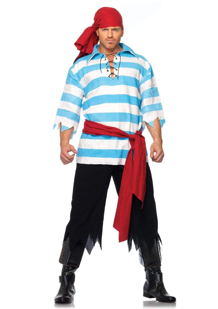 Pirate Striped Shirt with Tattered Pants and Sash Head Scarf Men's Costume