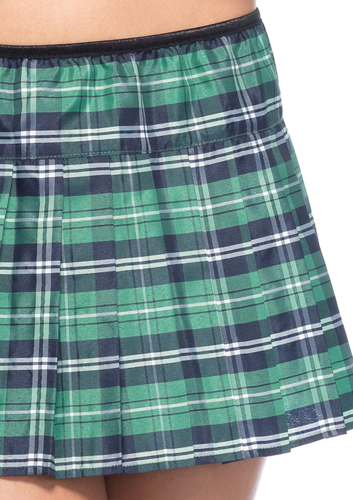 Prep School Girl Cropped Plaid Trim Top with Tie and Plaid Skirt