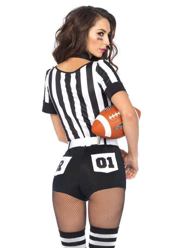 No Rules Referee Striped Romper with Belt and Choker Collar