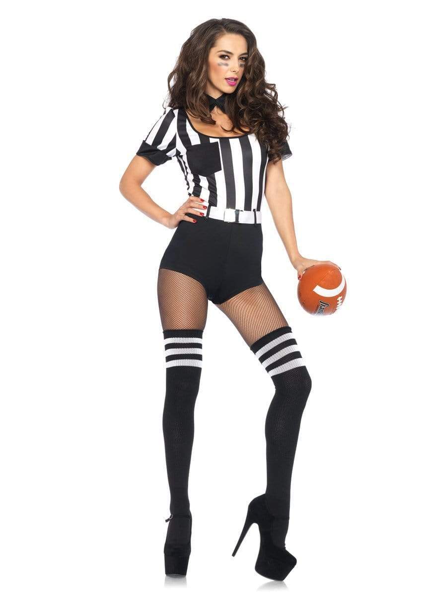 No Rules Referee Striped Romper with Belt and Choker Collar