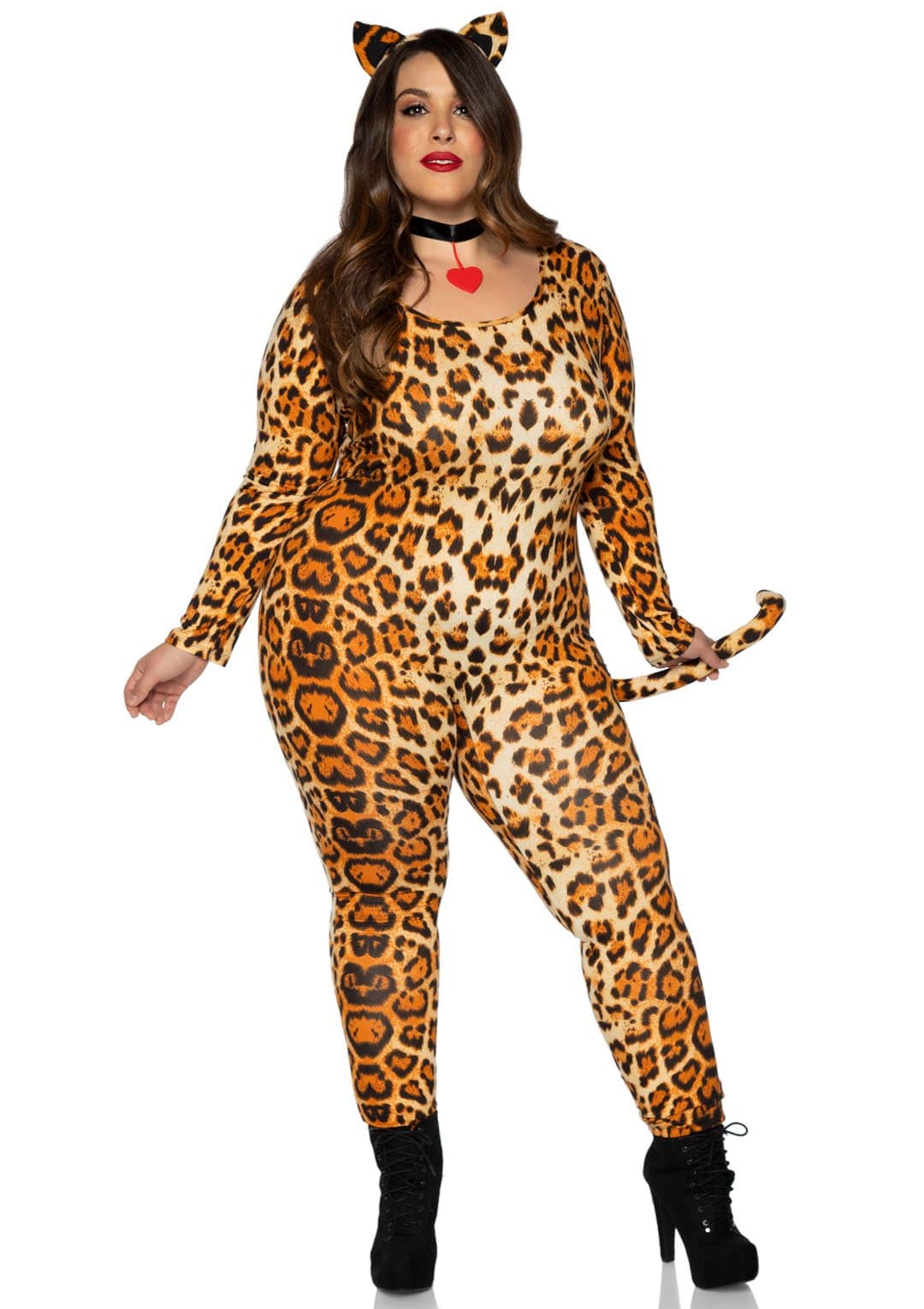 Cougar Spandex Plus Catsuit with Keyhole Back with Choke Collar and Ear Headband