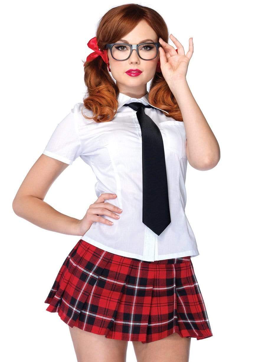 Private School Girl White Collar Shirt with Pleated Skirt and Tie