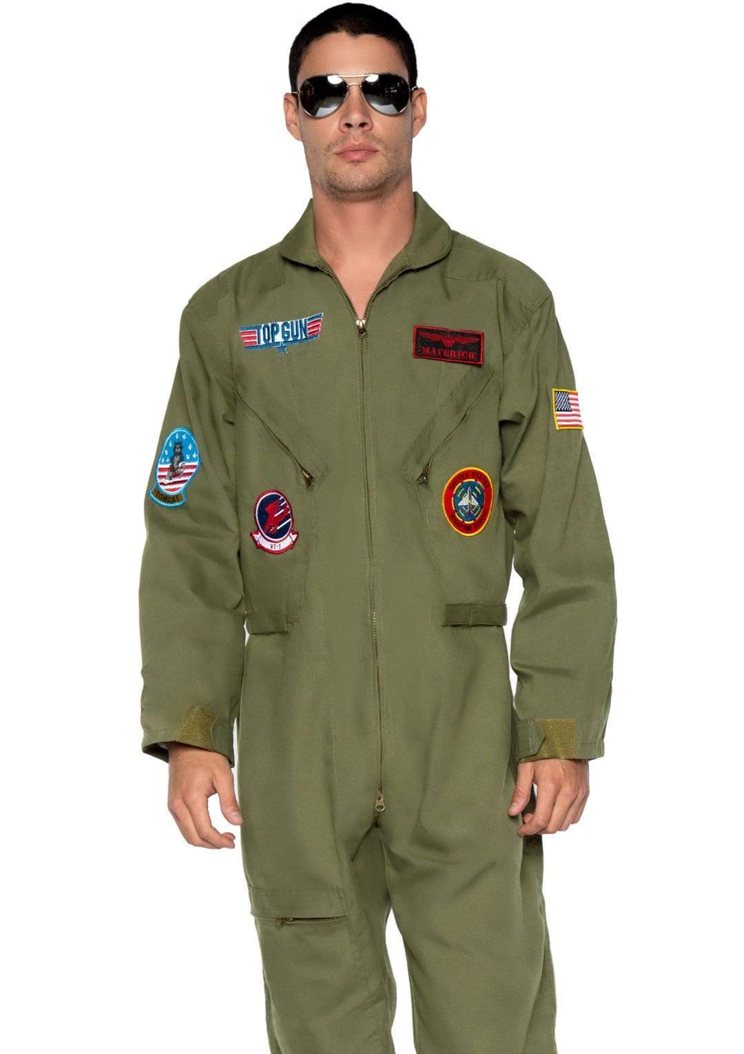 Top Gun Front Zip Flight Suit with Maverick and Goose Name Badges Men's Costume