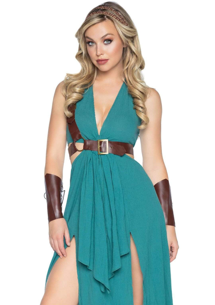 Sexy Warrior Maiden High Slit Dress with Shoulder Harness and Arm Cuffs