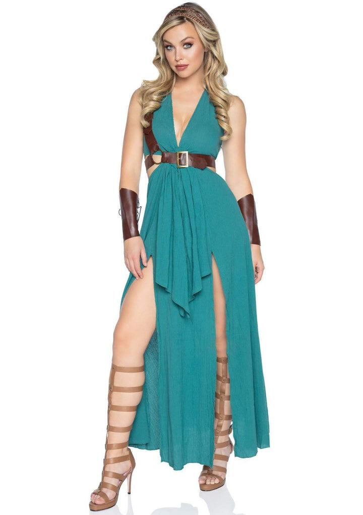 Sexy Warrior Maiden High Slit Dress with Shoulder Harness and Arm Cuffs