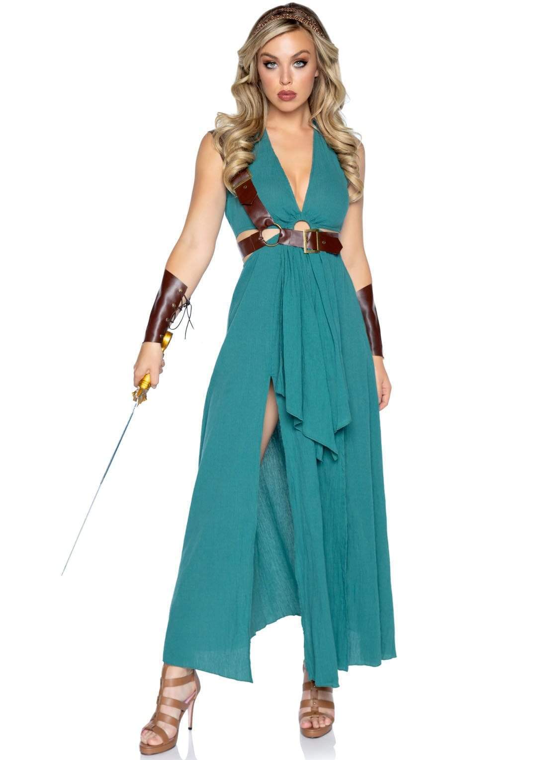 Sexy Warrior Maiden High Slit Dress with Shoulder Harness and Arm Cuffs