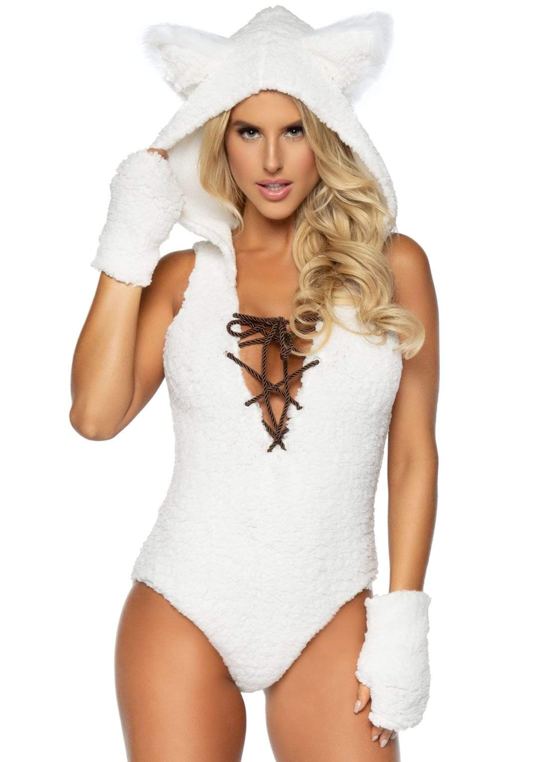 Sexy Wolf Lace Up V-Neck Plush Hooded Bodysuit with Furry Tail and Gloves