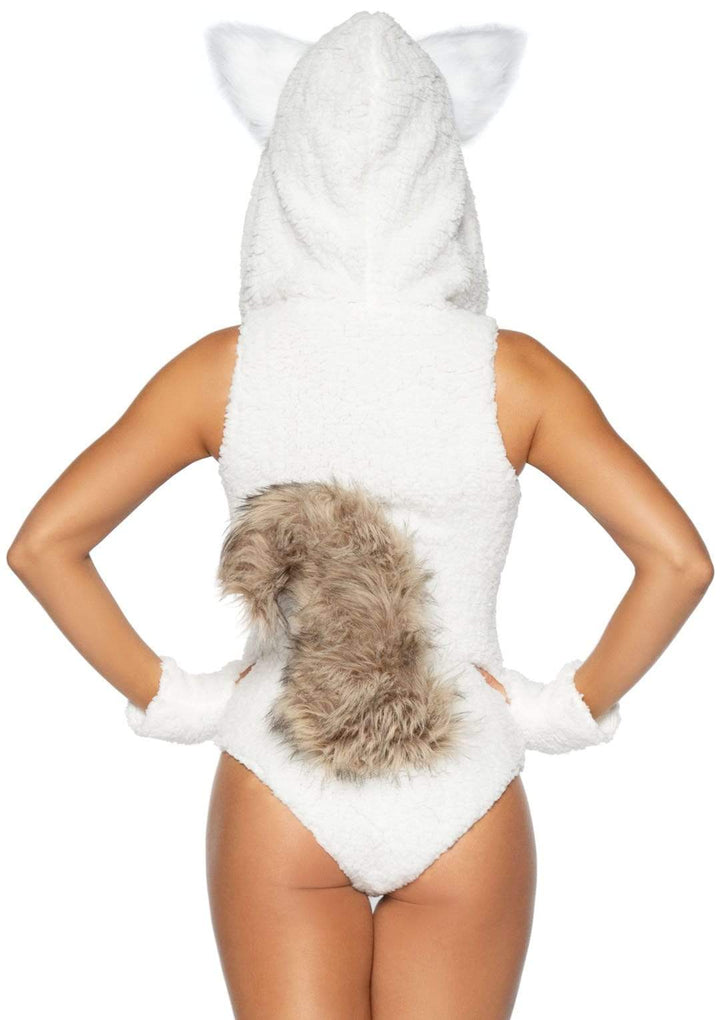 Sexy Wolf Lace Up V-Neck Plush Hooded Bodysuit with Furry Tail and Gloves