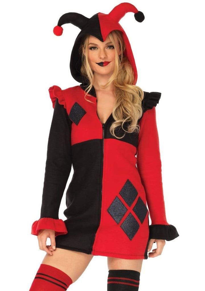 Harlequin Fleece Mini Dress with Glitter Diamond Accents and Attached Jester Hood