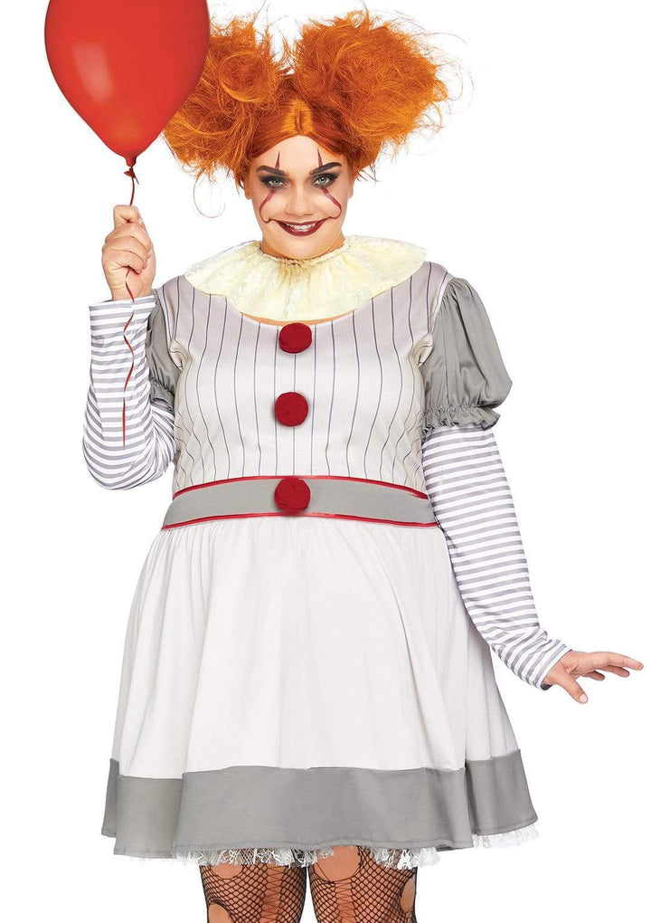 Creepy Clown Striped Plus Dress with Pom-Pom Accents and Neck Piece