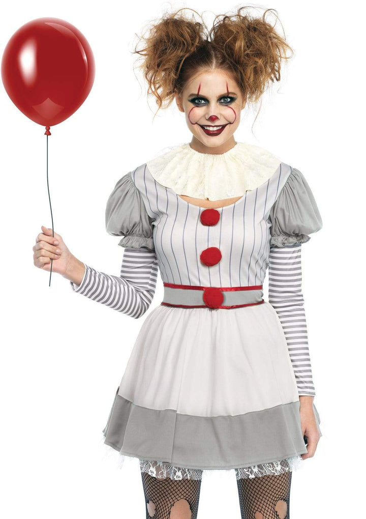Creepy Clown Striped Dress with Pom-Pom Accents and Neck Piece