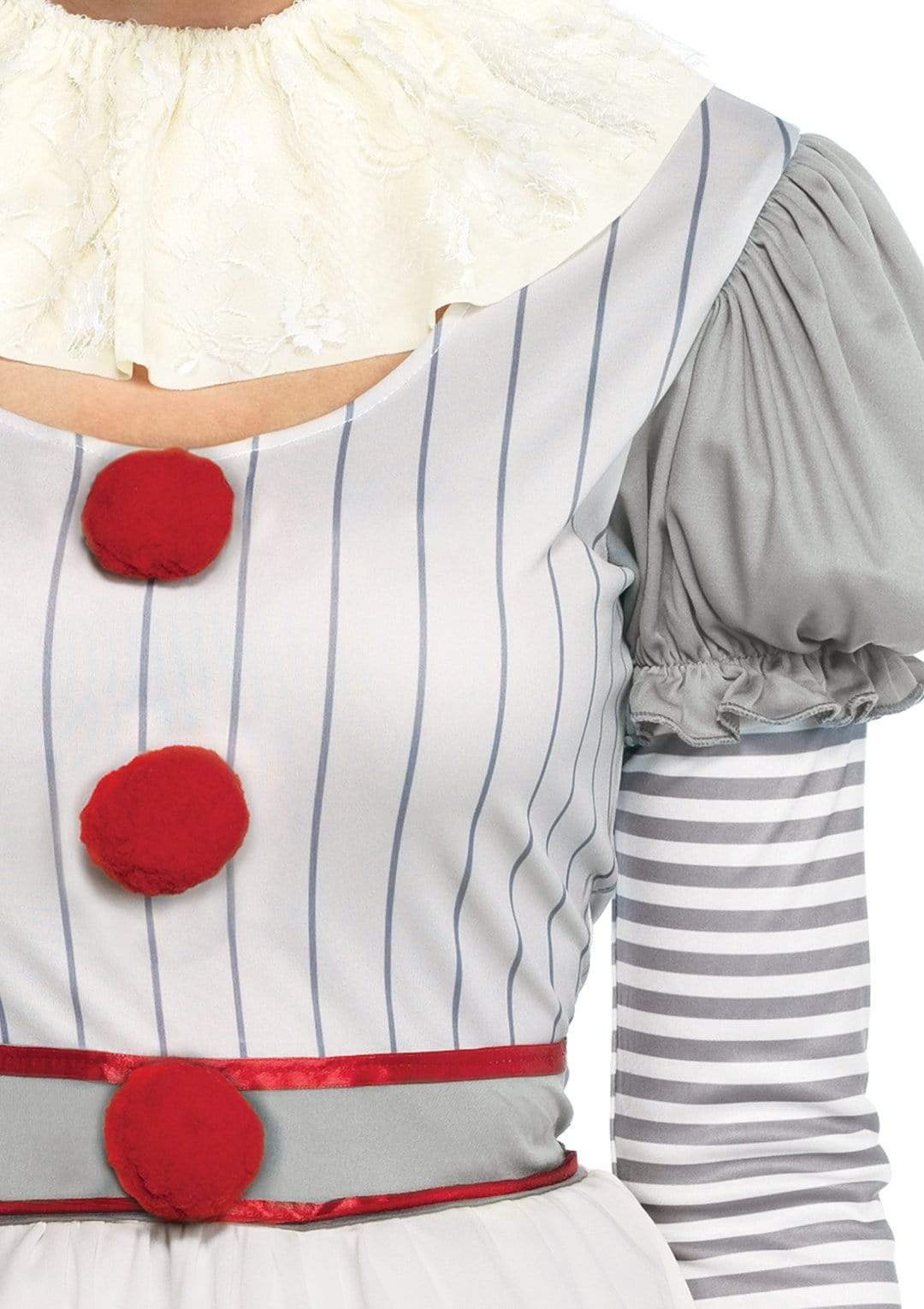 Creepy Clown Striped Dress with Pom-Pom Accents and Neck Piece