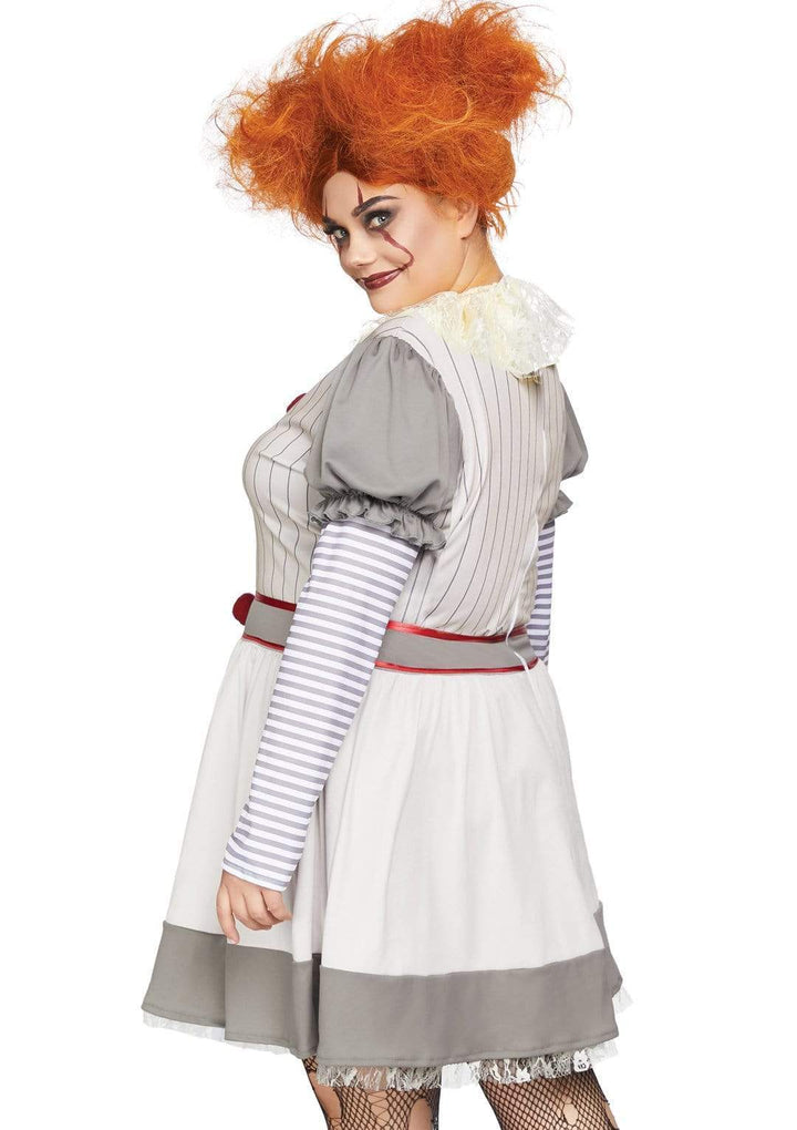 Creepy Clown Striped Plus Dress with Pom-Pom Accents and Neck Piece