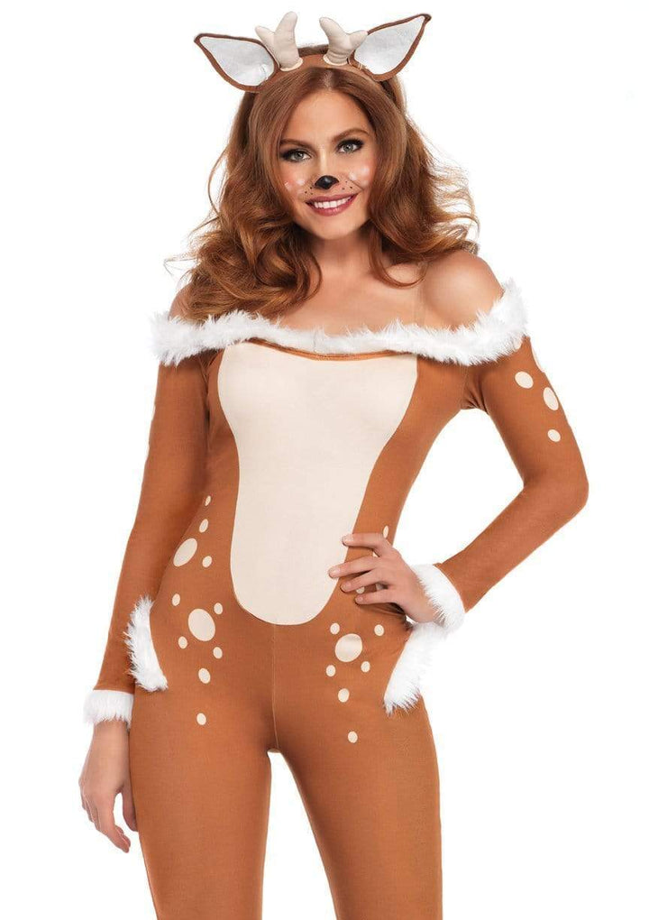 Darling Deer Fur Trim Off The Shoulder Catsuit with Furry Tail and Antler Headband