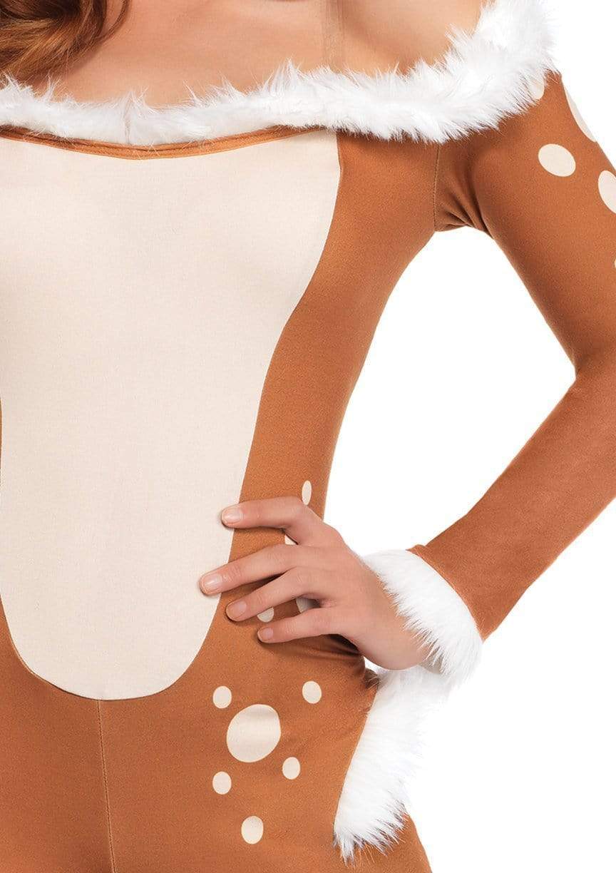 Darling Deer Fur Trim Off The Shoulder Catsuit with Furry Tail and Antler Headband