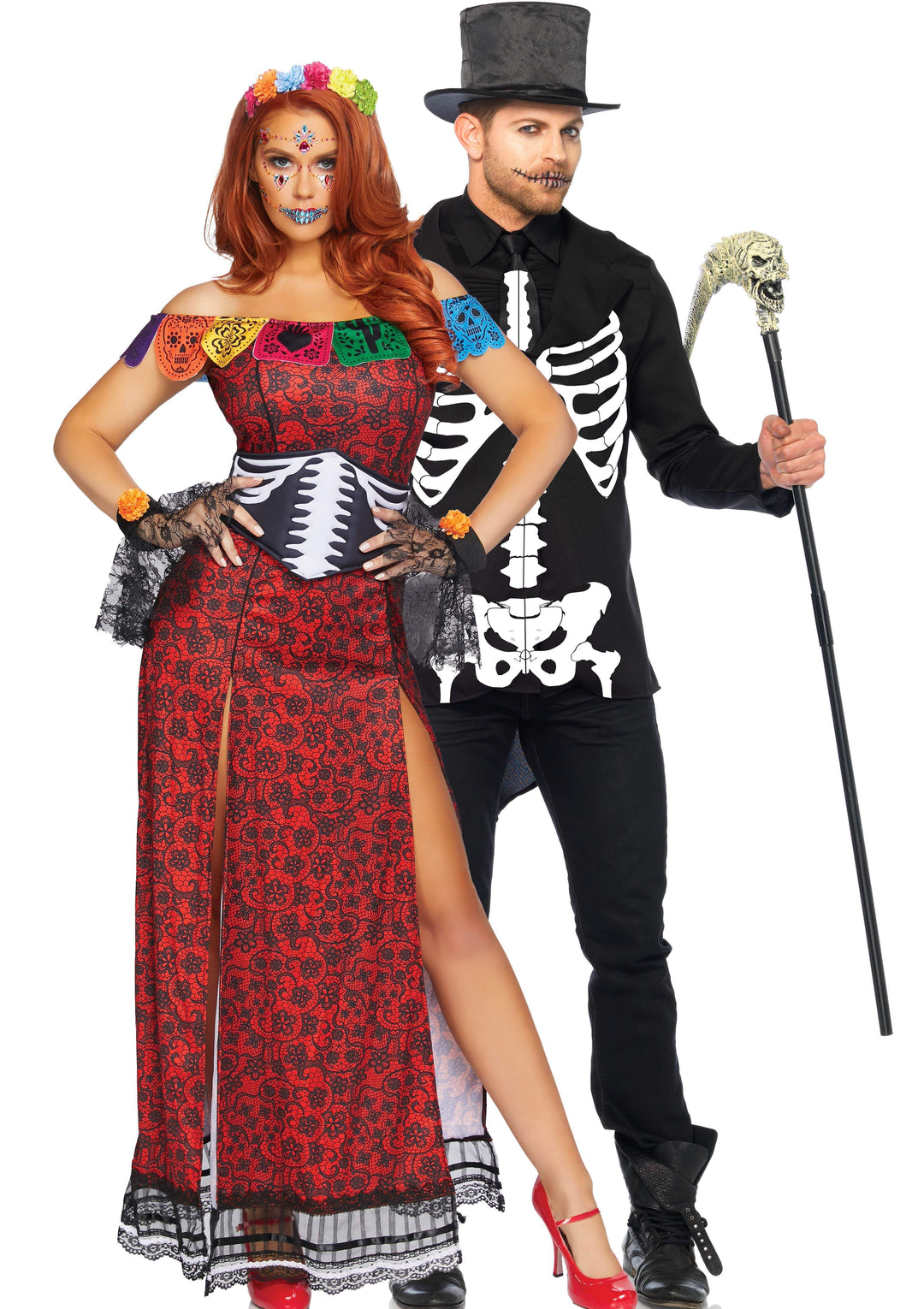 Deluxe Day of the Dead Dual Split Lace Dress with Skeleton Waist Cincher