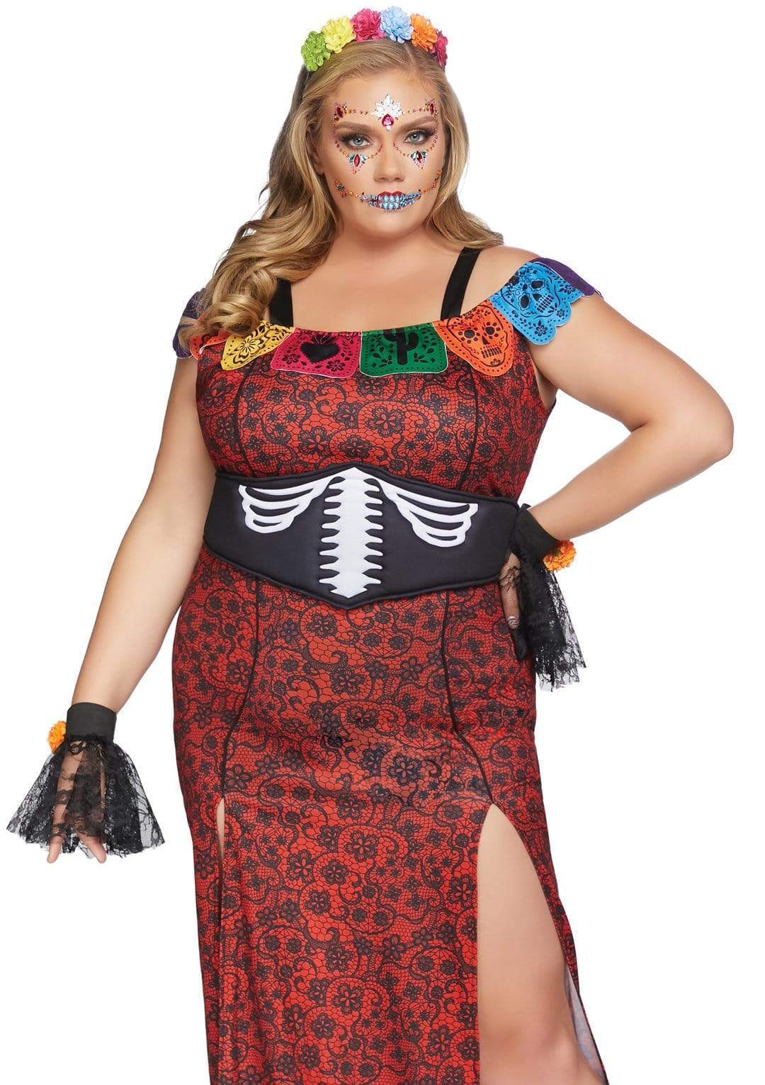 Deluxe Day of the Dead Dual Split Lace Plus Dress with Skeleton Waist Cincher