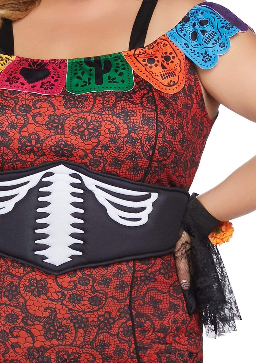 Deluxe Day of the Dead Dual Split Lace Plus Dress with Skeleton Waist Cincher