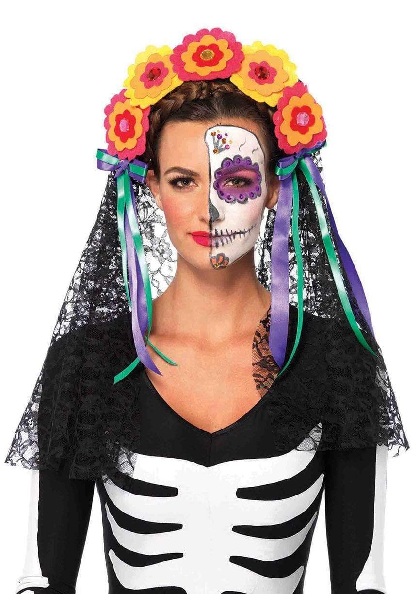 Day of the Dead Flower Headband with Lace Veil