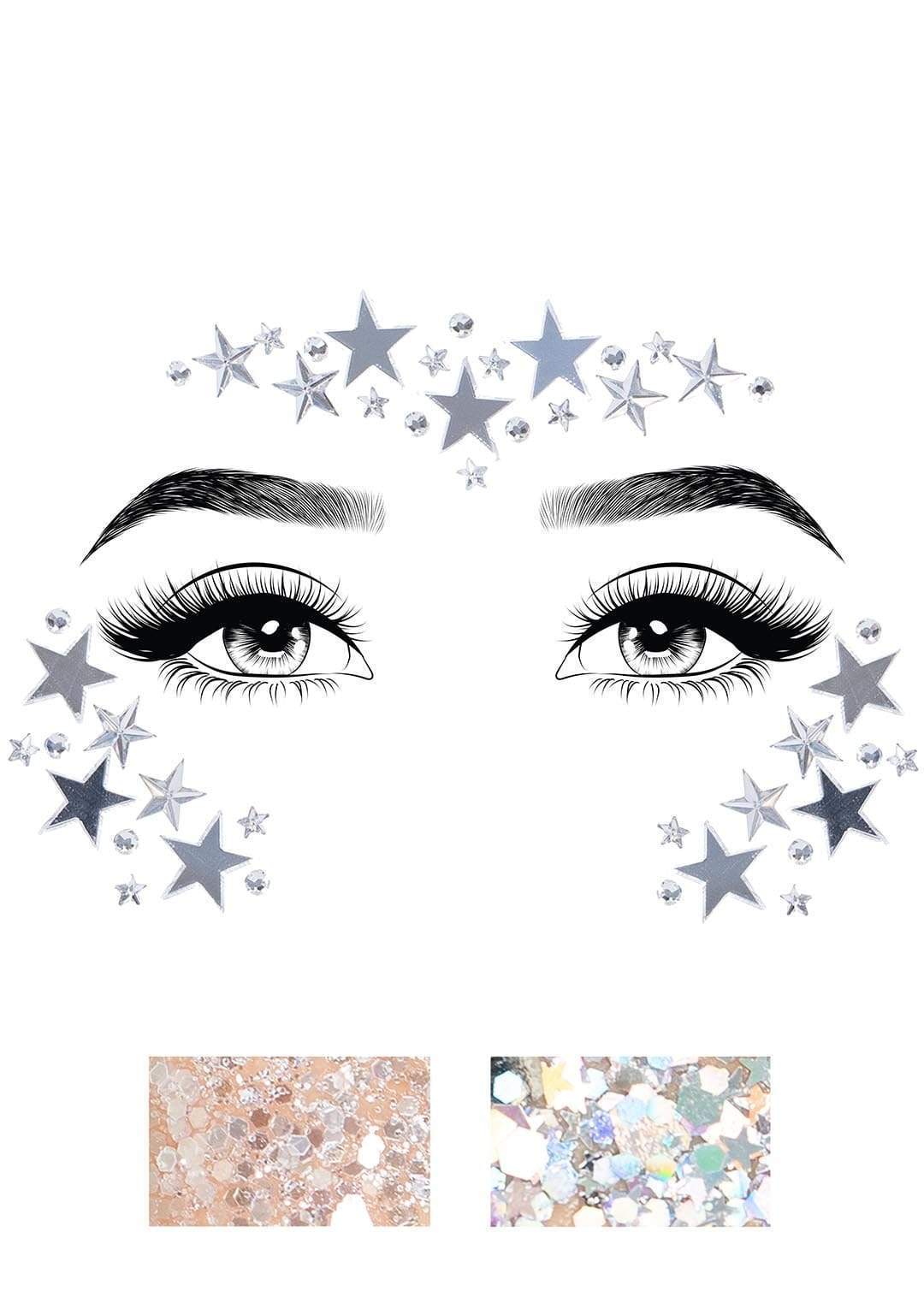 Dream Mirror Star and Rhinestone Face Jewels with Body Glitter