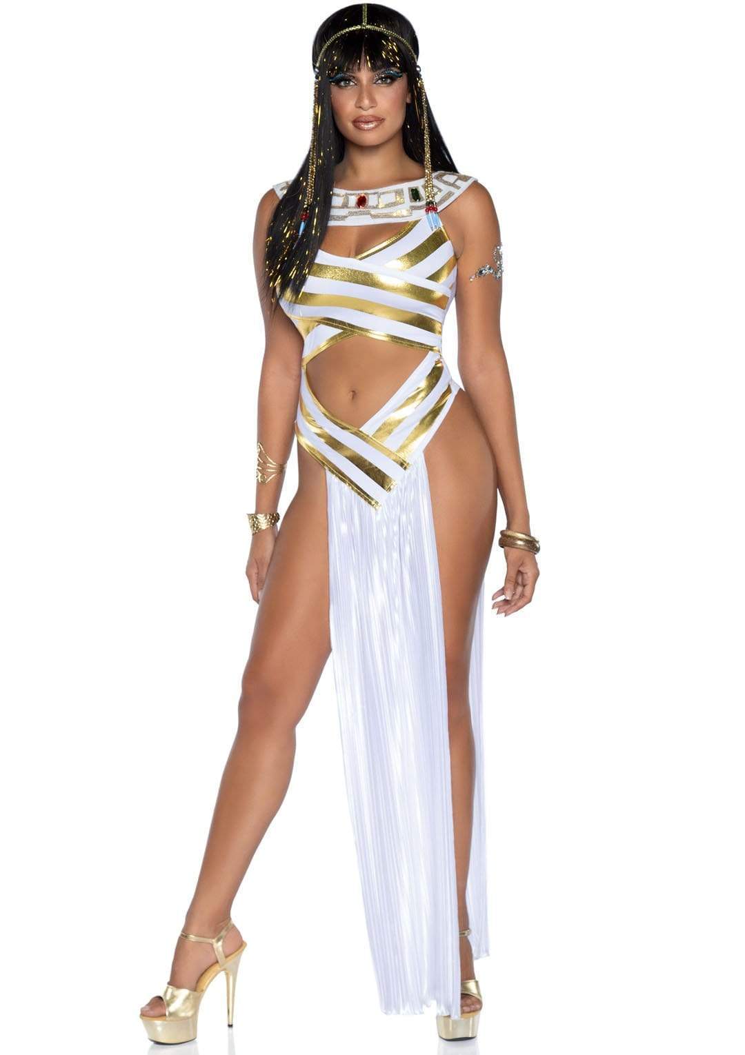 Egyptian Goddess Cut-Out Dress with Jeweled Collar and Beaded Head Piece