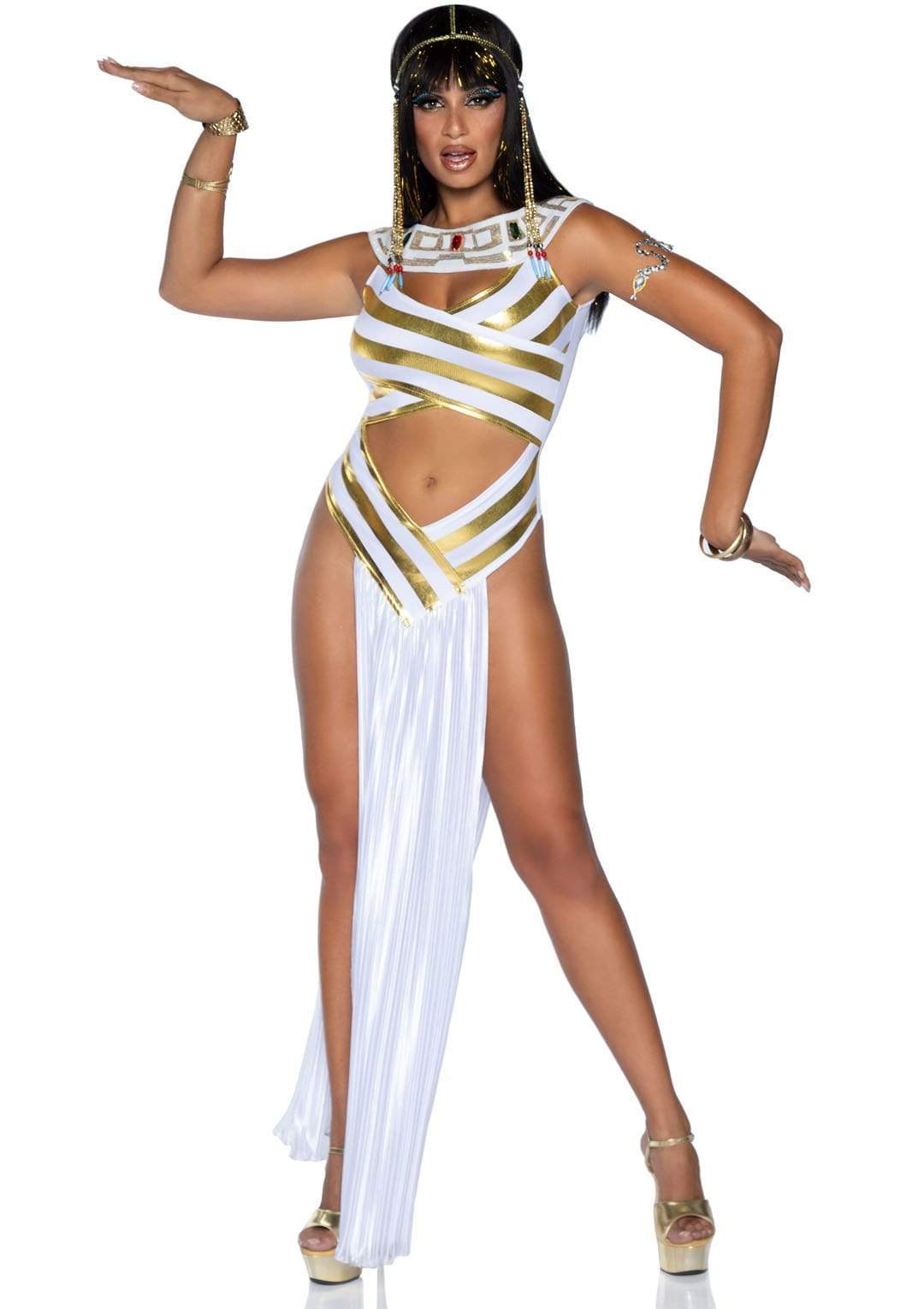 Egyptian Goddess Cut-Out Dress with Jeweled Collar and Beaded Head Piece