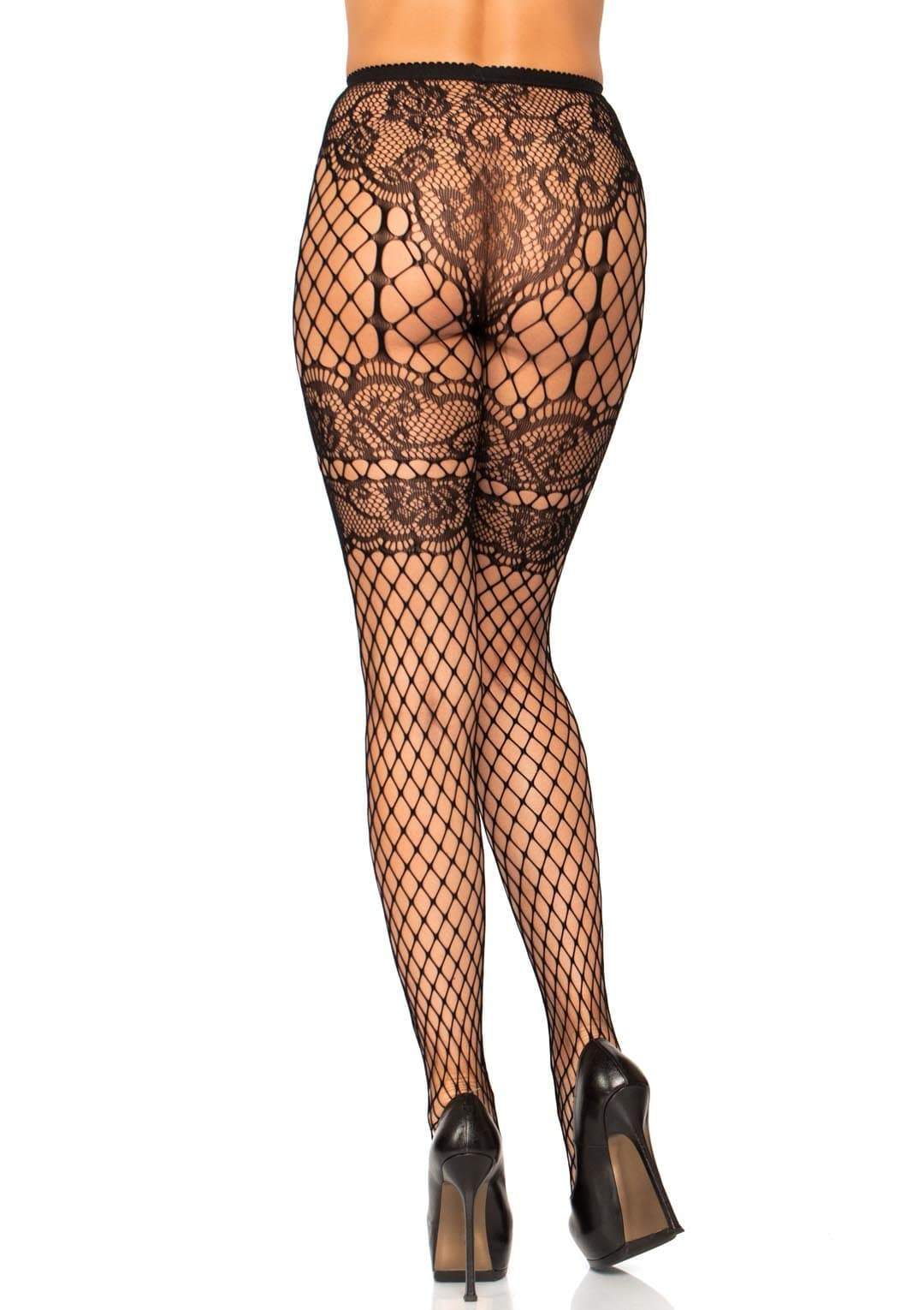 Lace French cut faux garter Industrial Net tights.
