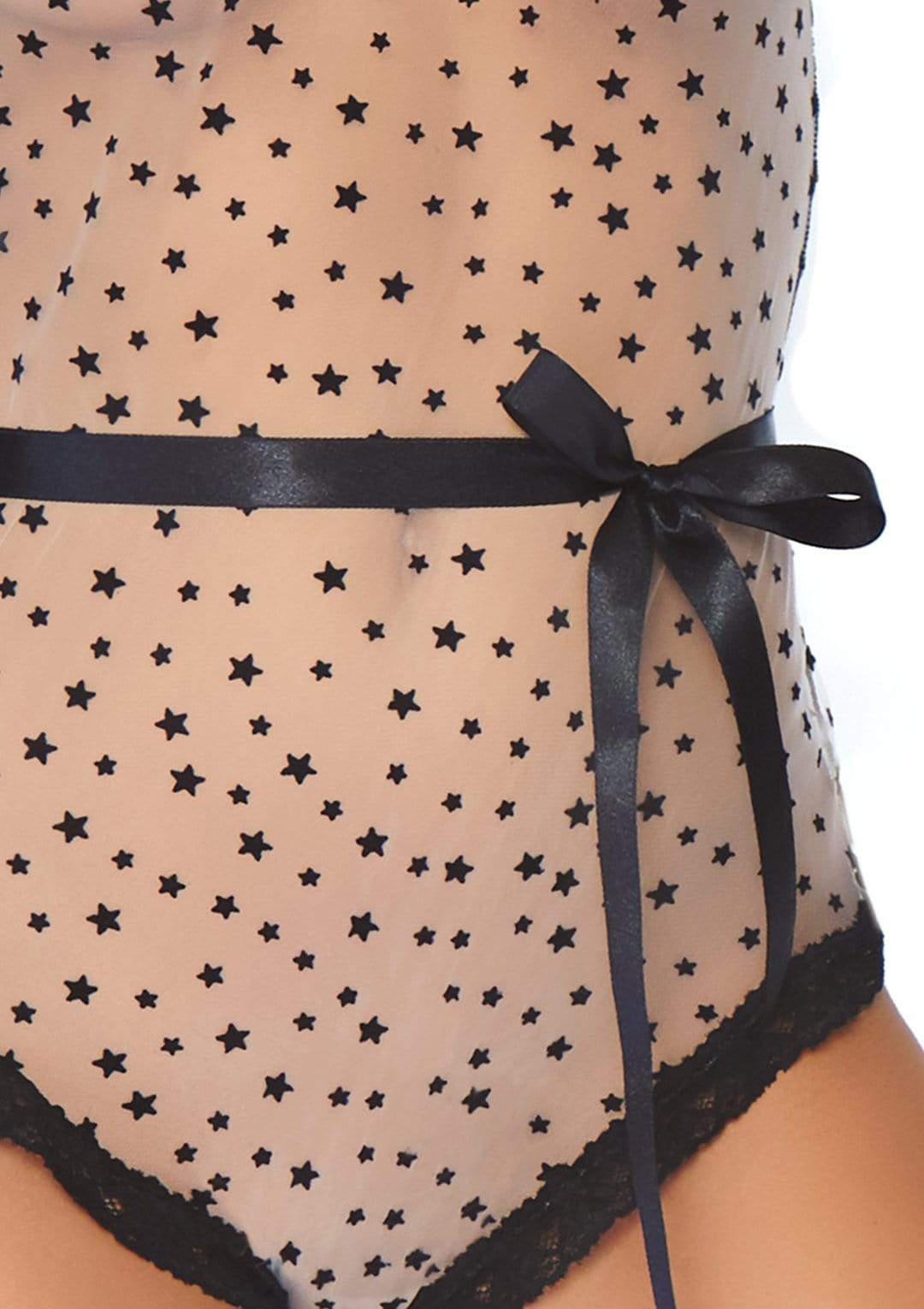 Sheer Teddy with Flocked Velvet Stars with Snap Crotch and Ribbon Tie