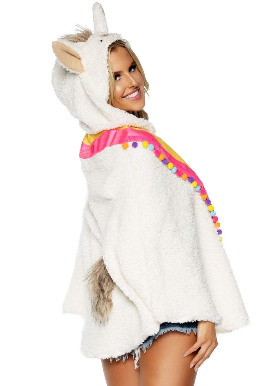 Llama Plush Poncho with Pom Pom Tassel Wrap