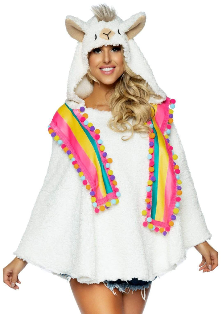 Llama Plush Poncho with Pom Pom Tassel Wrap