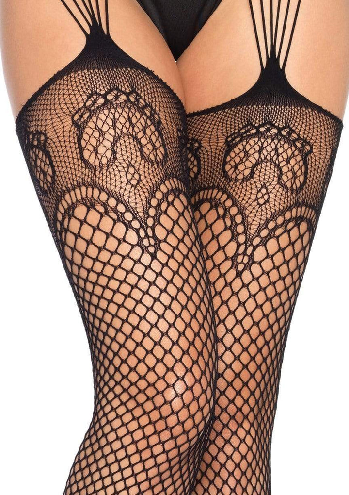 Fishnet Stockings with Duchess Lace Trim and Attached Fishnet Garter Belt