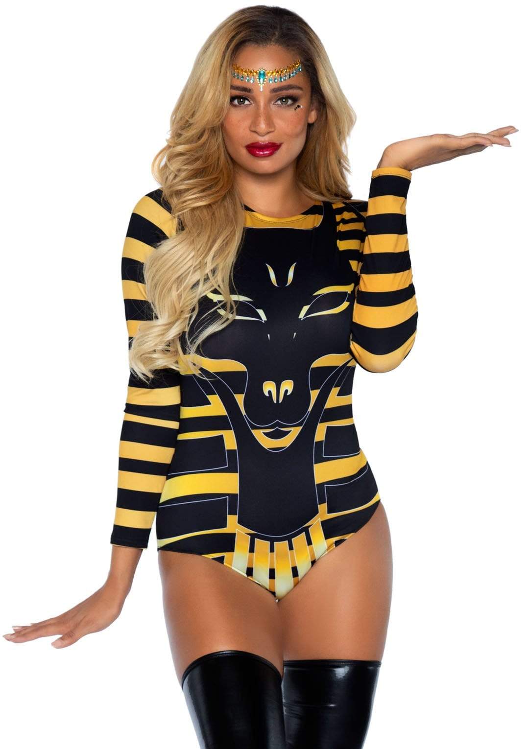 Goddess Anubis Striped Snap Crotch Bodysuit with Anubis Face Print