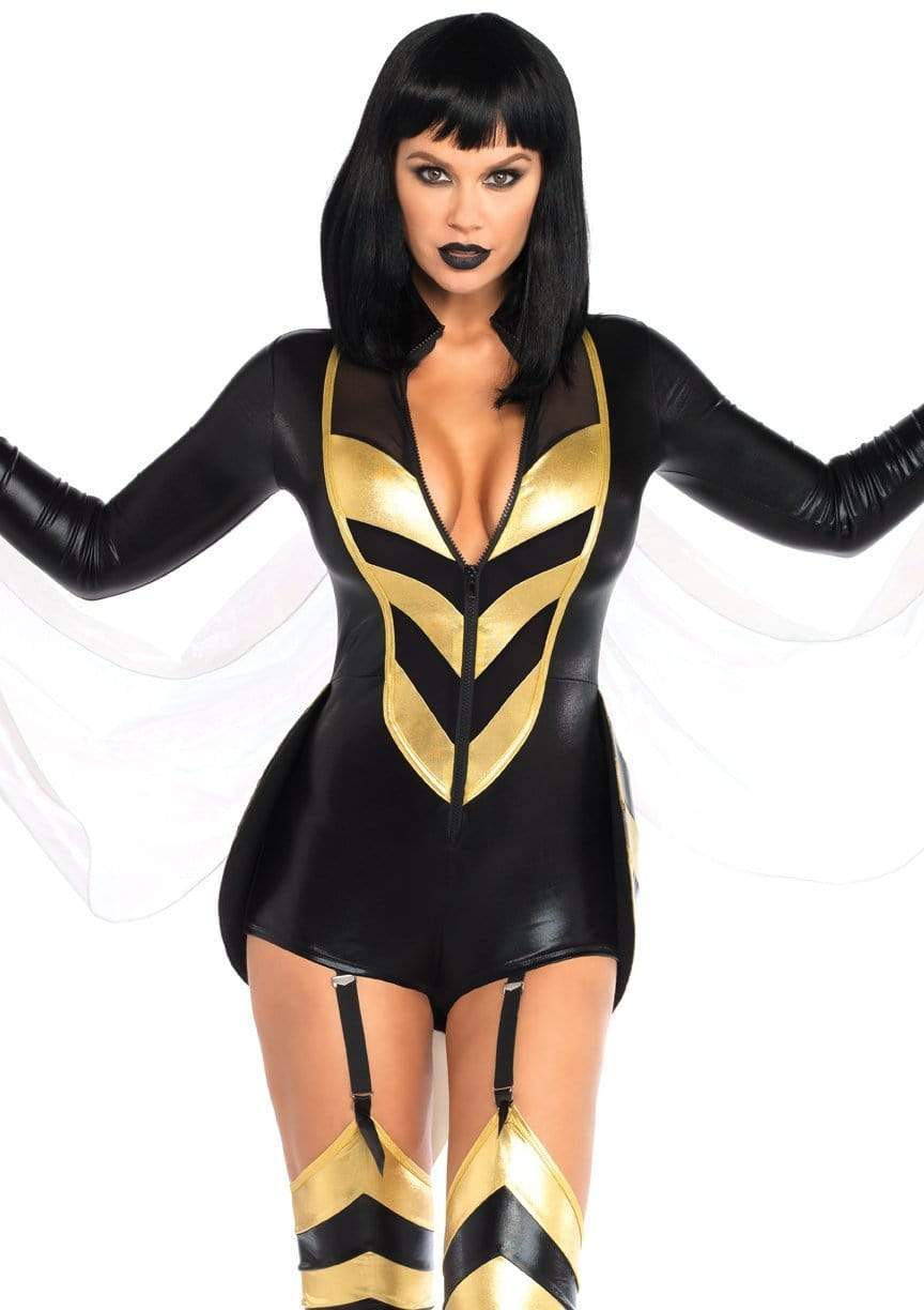 Hornet Honey Wet Look Garter Bodysuit with Iridescent Wings