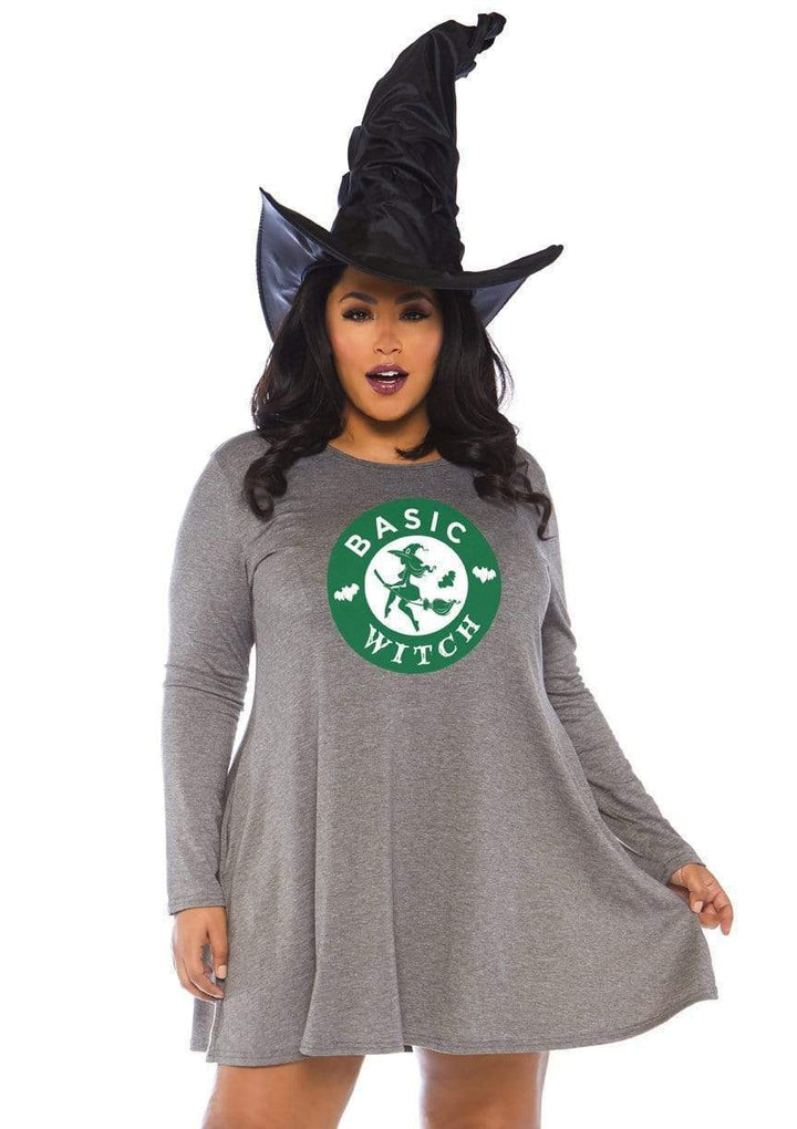 Basic Witch Logo Long Sleeve Jersey Plus Dress with Pockets
