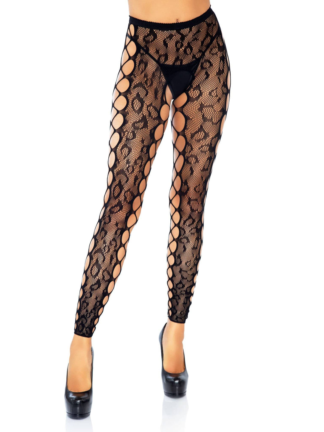 Leopard lace Footless Crotchless Pantyhose with Net Side Panel