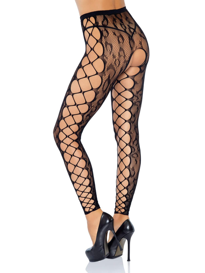 Leopard lace Footless Crotchless Pantyhose with Net Side Panel