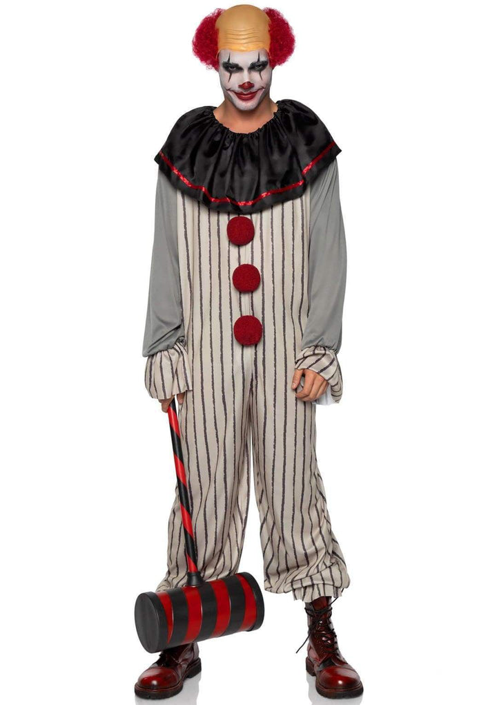 Creepy Clown Striped Jumpsuit with Pom-Pom accents and Clown Wig