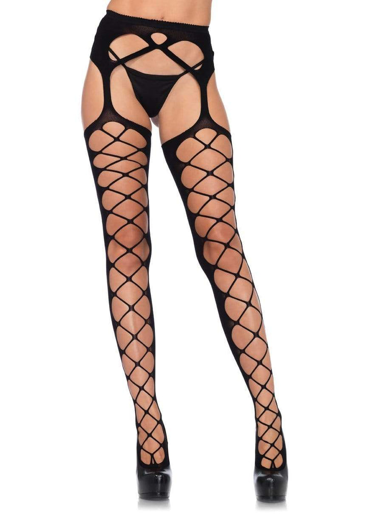 Opaque Stockings with Diamond Cut Out Front and Attached Garter Belt