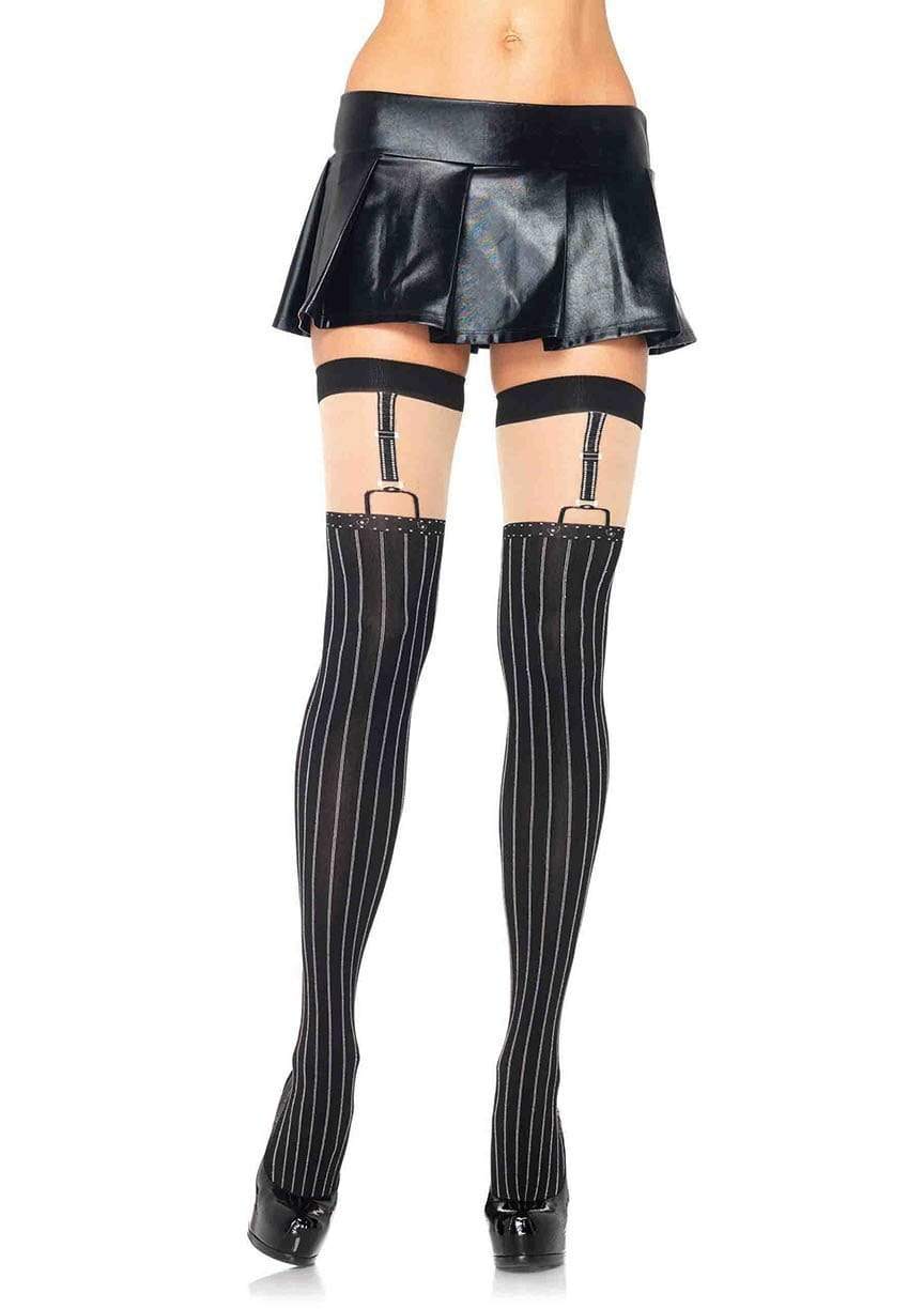 Black and Nude Pinstriped Spandex Thigh Highs with Suspenders Detail