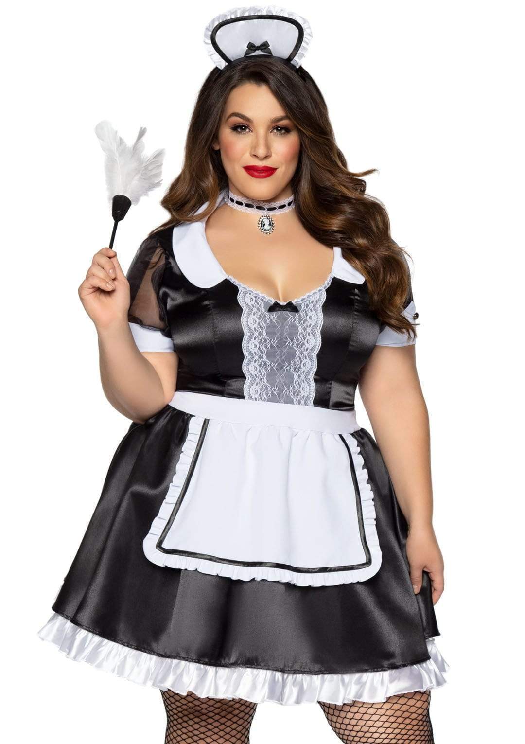 Classic French Maid Plus Dress with Lace Trim and Cameo Choker Collar