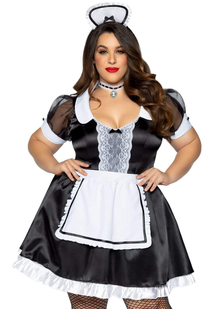 Classic French Maid Plus Dress with Lace Trim and Cameo Choker Collar