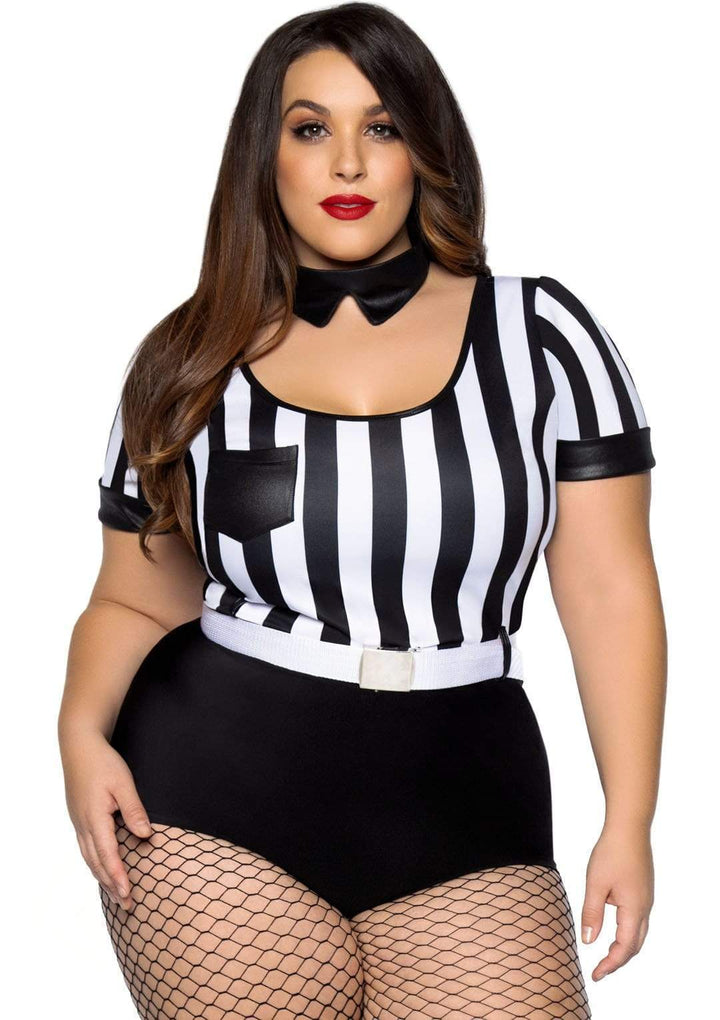 No Rules Referee Striped Plus Romper with Belt and Choker Collar