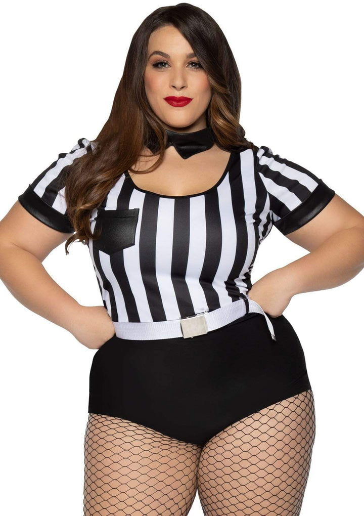 No Rules Referee Striped Plus Romper with Belt and Choker Collar