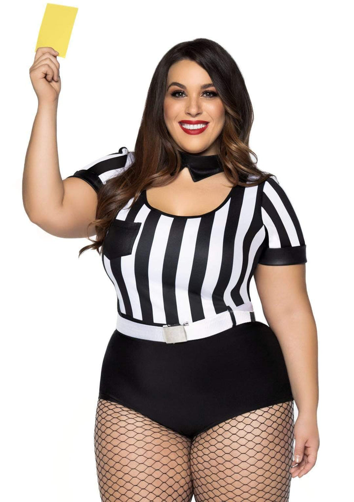 No Rules Referee Striped Plus Romper with Belt and Choker Collar