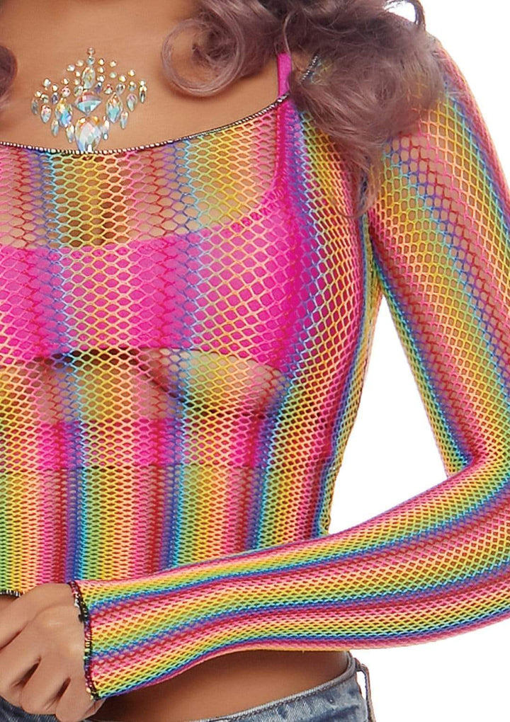 Rainbow Fishnet Long Sleeve Crop Top