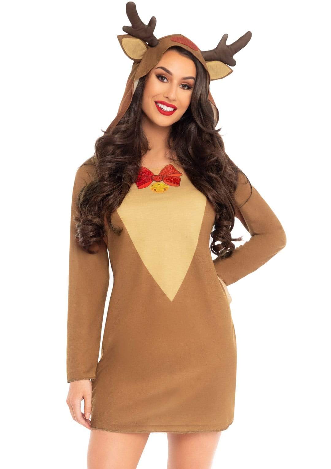 Reindeer Long Sleeve Mini T-Shirt Dress with Antler Hood