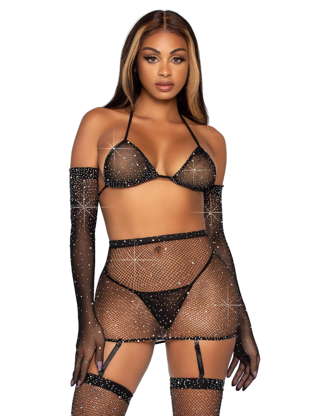 Rhinestone Fishnet G-String Bikini with Garter Skirt and Stockings