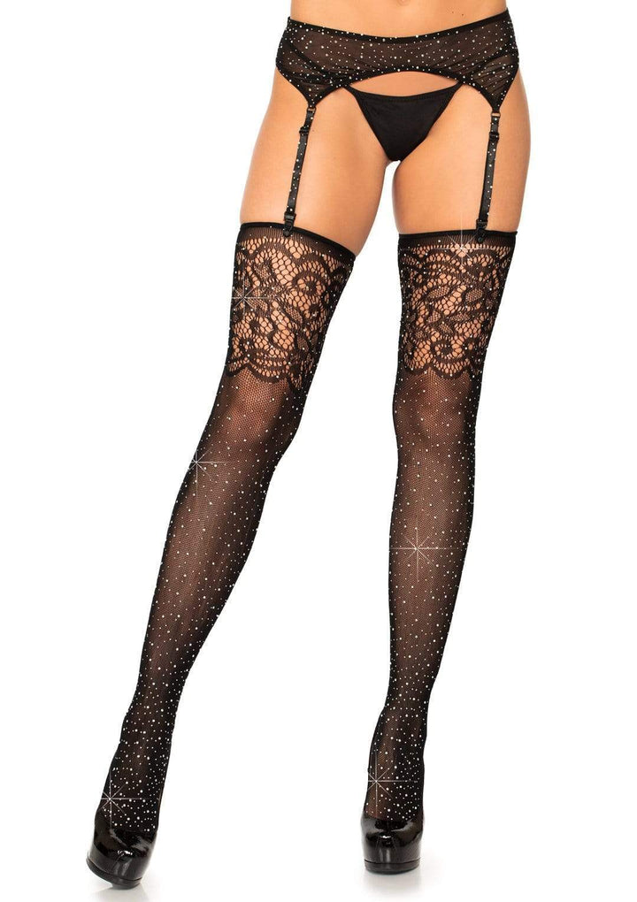 Rhinestone Fishnet Stockings with Jacquard Lace Top