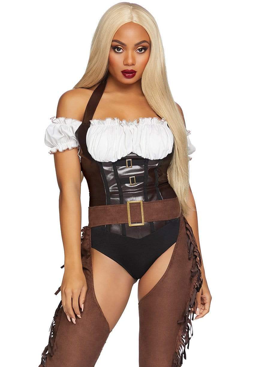 Shoot 'Em Up Cowgirl Peasant Top Halter Teddy with Suede Fringed Chaps