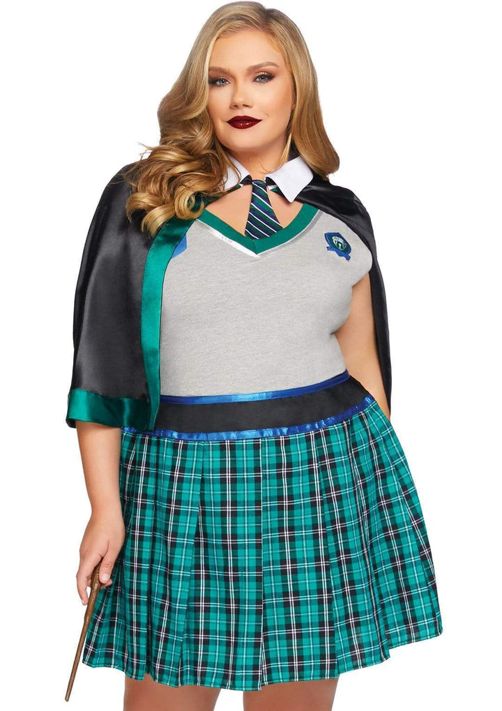 Spellcaster School Girl Plus Plunging Vest and Plaid Skirt and Cape with Attached Tie